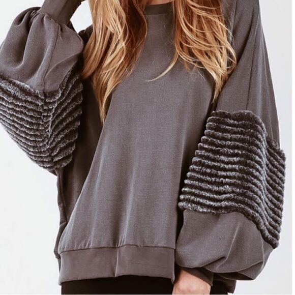 Young Fabulous and Broke Gray Faux Fur Stripe Sleeve Cozy Pullover - Picture 1 of 16